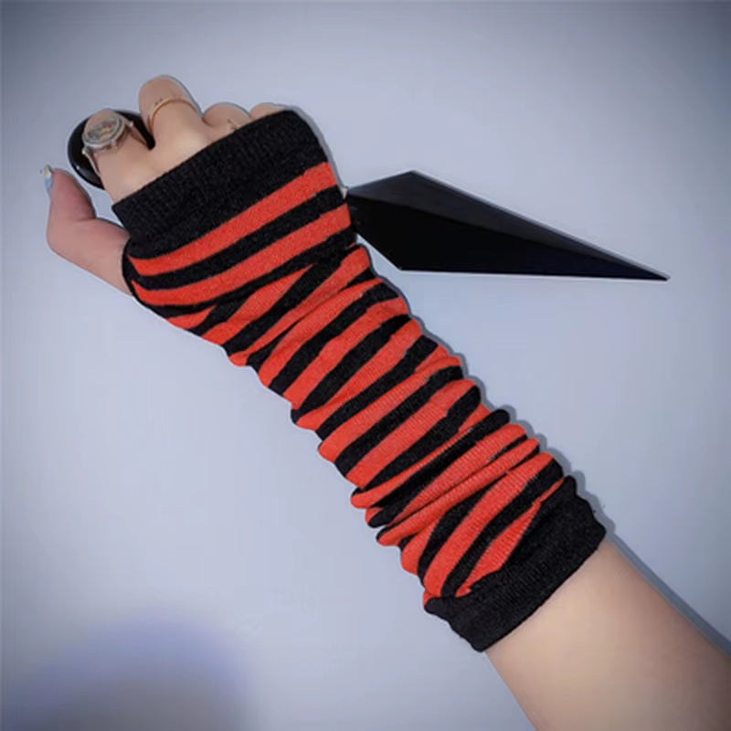Striped Gloves Arm Warmer Knitted Long Fingerless Gloves Gothic Mittens Punk Rock Accessories Emo Scene Egirl Anime Y2K