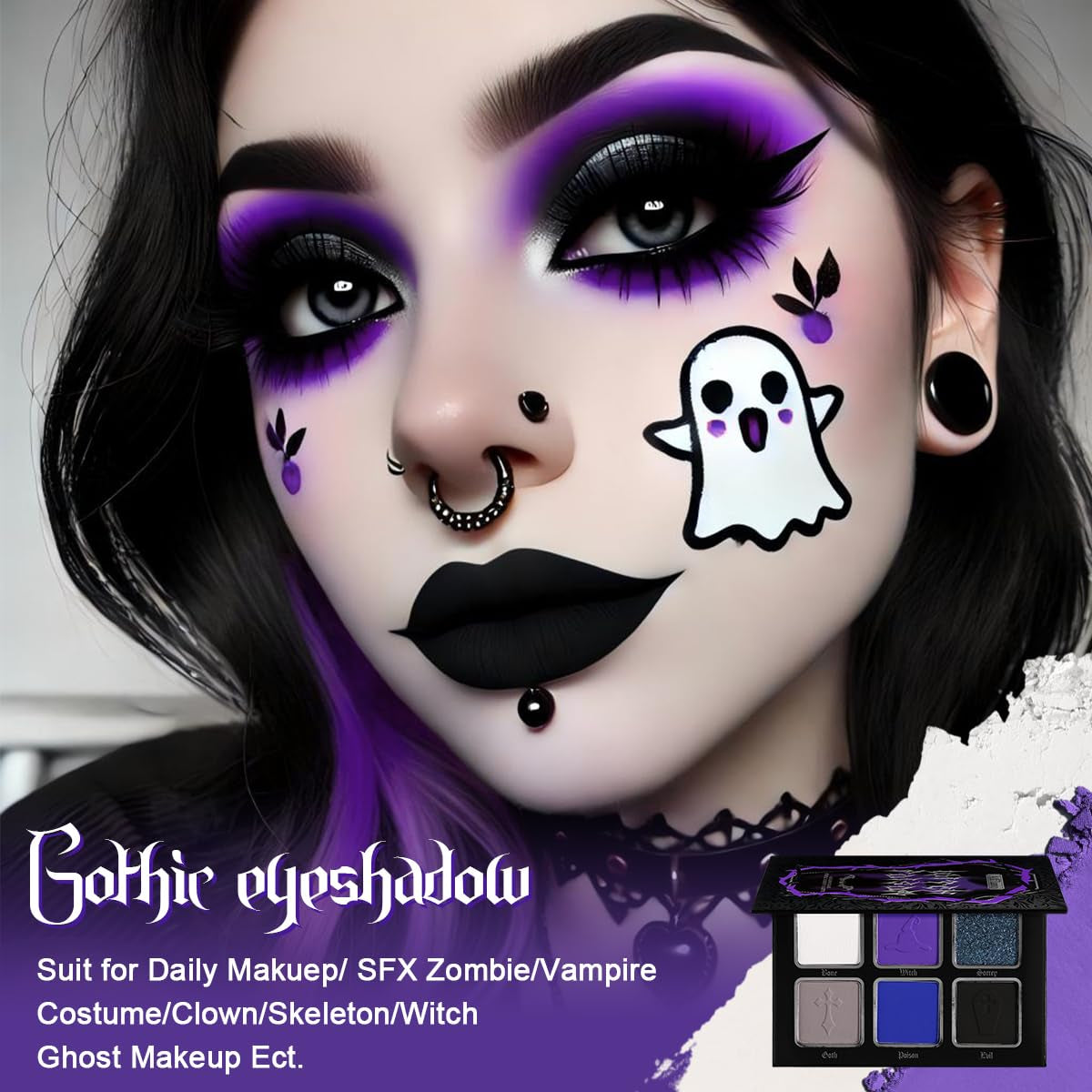 Goth Eyeshadow Palette Purple Blue, Multichrome Chrome Blue Purple Matte Black White Grey Dark Eye Shade, Gothic Halloween Makeup Eye Shadow Pallet for Joker Clown Cosplay SFX Makeup Costume