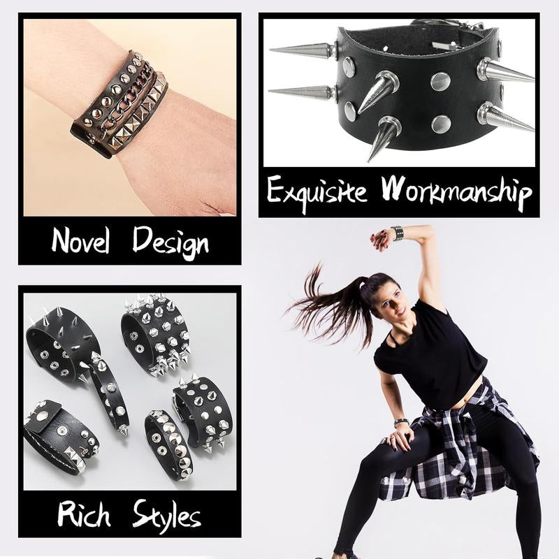 “Dark Punk Bracelet Set 🖤 6-Piece Spiked Leather Cuffs”