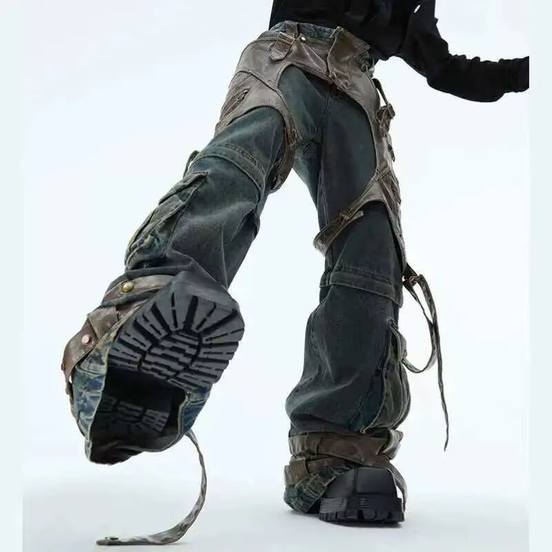 🇬🇧 Dark Deconstructed Jeans – Patchwork PU Leather Wide-Leg Pants