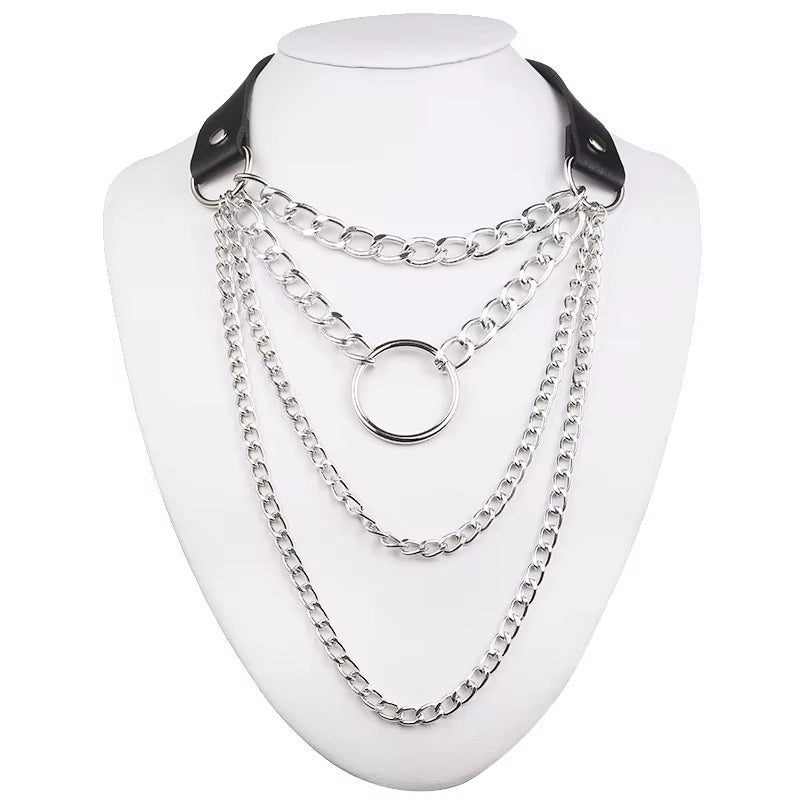Layered Chain Necklace Punk Choker Collar Goth Pendant Necklace Women Black Leather Emo Gothic Jewelry
