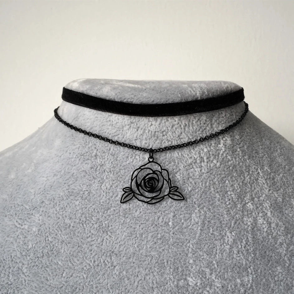 Black Rose Choker Grunge Necklace Velvet Emo Collar Jewelry