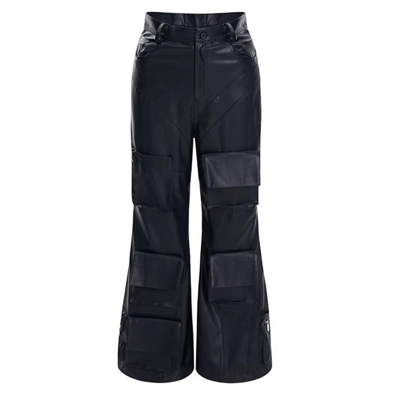 “Dark PU Leather Cargo Pants – Wide-Leg Designer Fit with 3D Pockets | Emo Streetwear Edition”