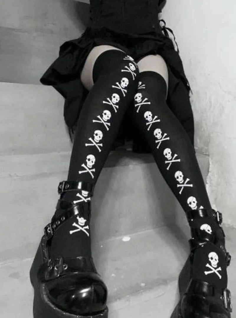 Skull Gothic Dark Long Sexy Stockings Harajuku Emo Alternative Lolita Socks Lingerie Skin Thigh High Garters Hosiery Stockings