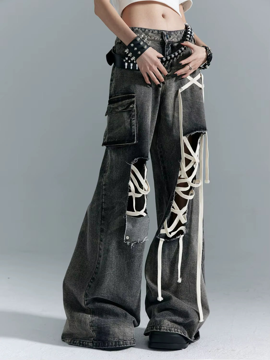 Women’s Lace-Up Ripped Denim Pants – Punk Retro Style