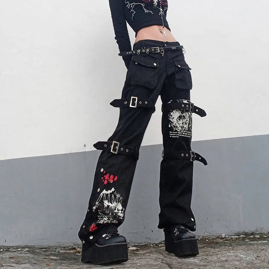 Gothic Emo Alt Cargo Pants Techwear Hippie Baggy Jeans Mom Goth Punk Black Denim Trousers Cyber Y2K Pants Academic Dark Clothes