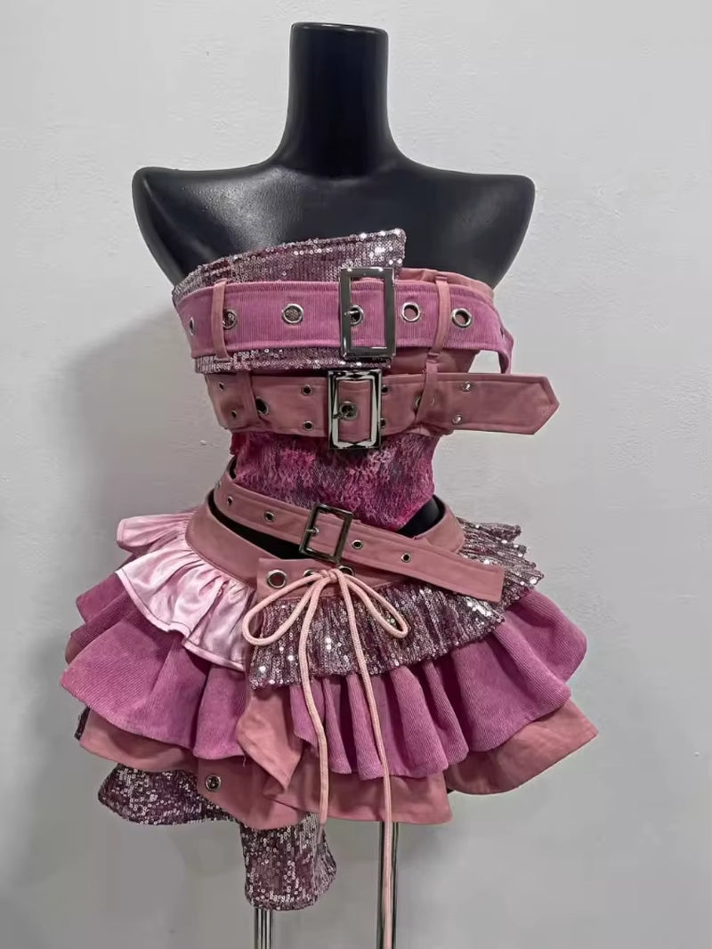 💗2000s Punk Revival Set – Strapless Top & Layered Skirt💗