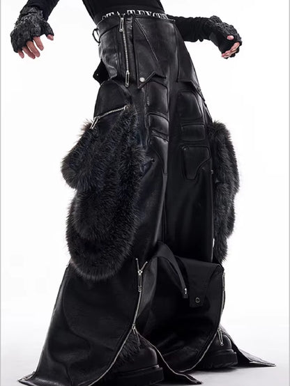 Men’s Black PU Leather Cargo Pants – Wide Leg Streetwear 2025 🖤