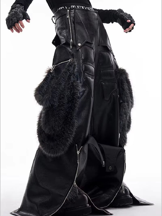 Men’s Black PU Leather Cargo Pants – Wide Leg Streetwear 2025 🖤