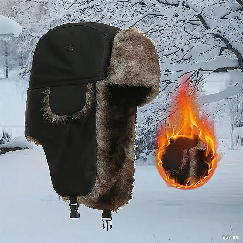 “Dark Fur Ushanka Hat 🖤 Military Pilot Style | Windproof Winter Cap”