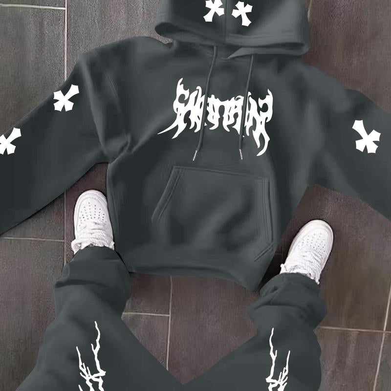 Men’s Black Hoodie & Pants Set – American Streetwear with Lightning Cross Print | Casual 2-Piece Tracksuit