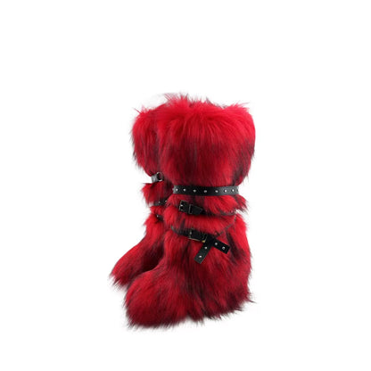 Luxury Faux Fur Knee-High Boots – Belt Buckle, Slip-On Winter Warm Fashion