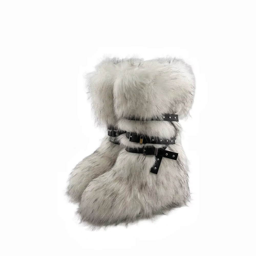 Luxury Faux Fur Knee-High Boots – Belt Buckle, Slip-On Winter Warm Fashion