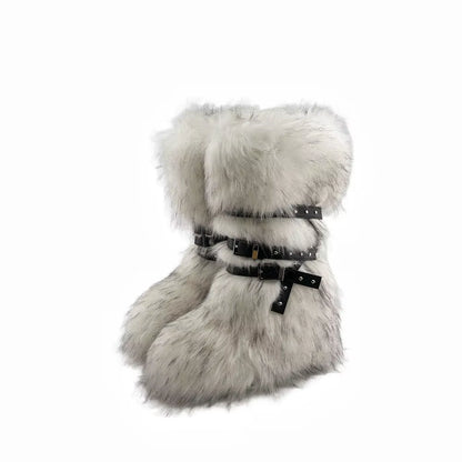 Luxury Faux Fur Knee-High Boots – Belt Buckle, Slip-On Winter Warm Fashion