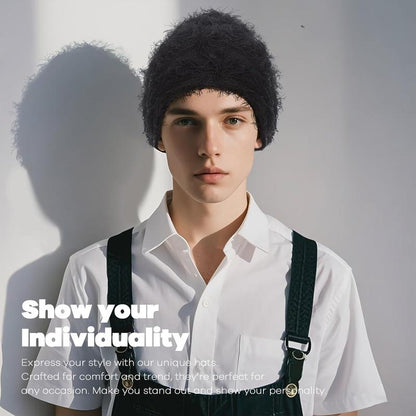 “Emo Distressed Beanie 🖤 Fuzzy Knit Winter Cap Unisex”