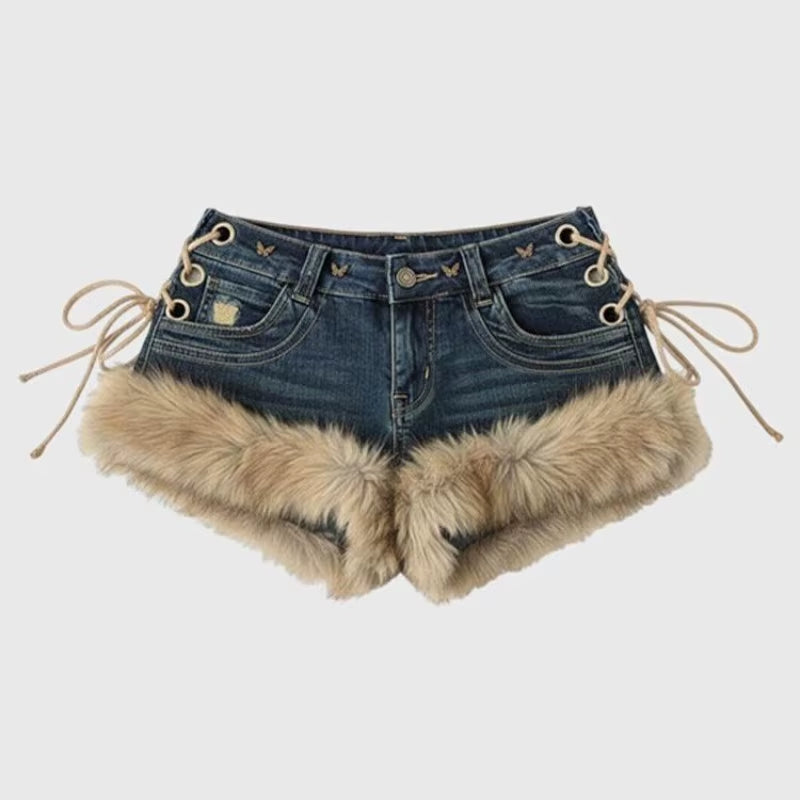 Women’s Y2K Fluffy Splice Low-Rise Shorts