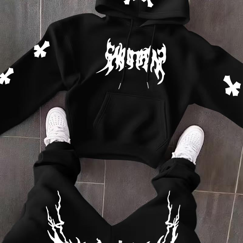 Men’s Black Hoodie & Pants Set – American Streetwear with Lightning Cross Print | Casual 2-Piece Tracksuit
