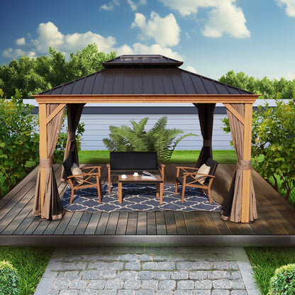 Transform Your Outdoor Space with the Elegant 12-Ft x 16-Ft Brown Hardtop Gazebo – Complete with Screen for Ultimate Comfort