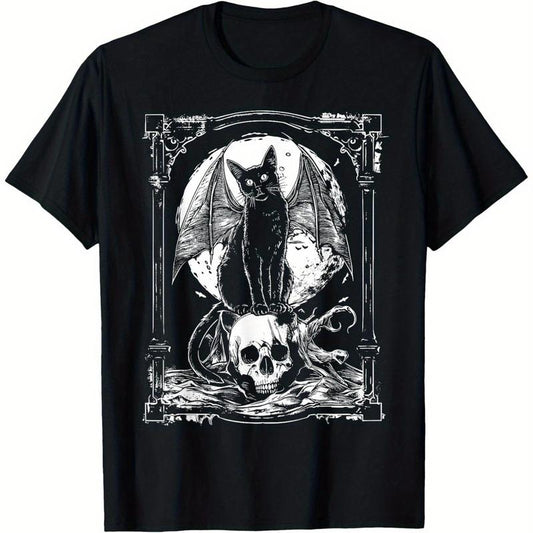 "Bat Cat Skull 🕷️ – Gothic Punk Vintage Oversized Tee 🖤"