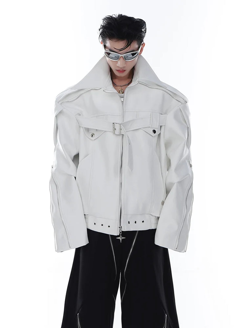 Spring Autumn Cool Stylish Oversized White Black Faux Leather Jacket Men Zip up Luxury Designer Emo Clothes 2023