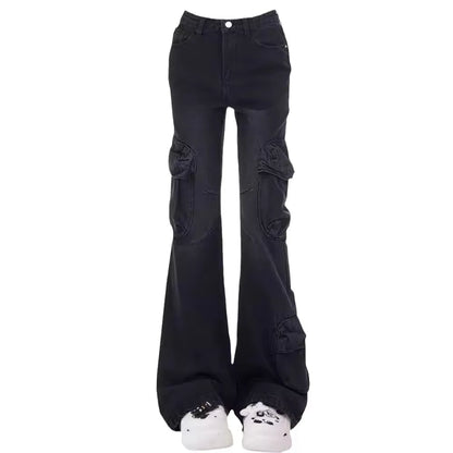 Women’s High-Waisted Vintage Flared Jeans – Black & Grey Street Style