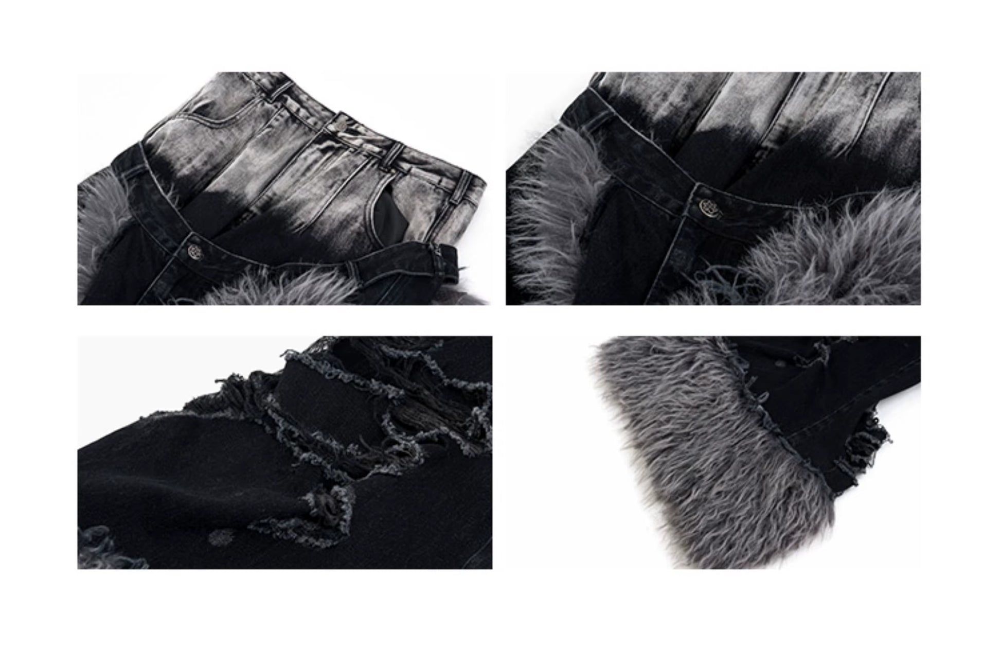 High End Denim Jeans Men in Winter Fake Two Piece Double Waisted Fur Patchwork Ripped Floor Denim Streetwear Pants