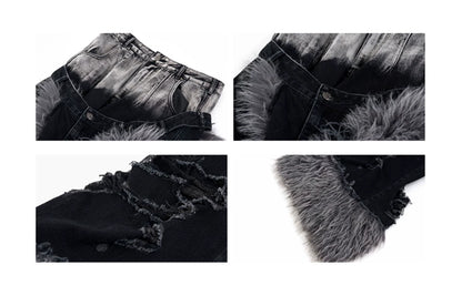 High End Denim Jeans Men in Winter Fake Two Piece Double Waisted Fur Patchwork Ripped Floor Denim Streetwear Pants