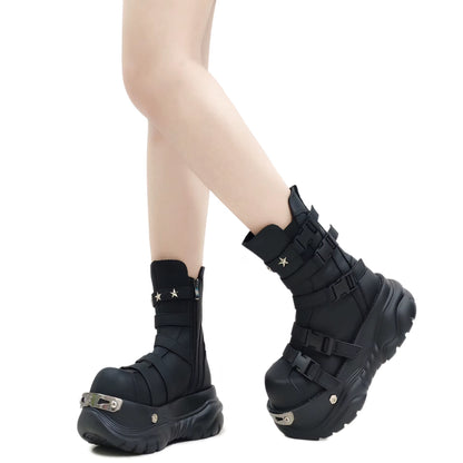 Original Gothic Platform Boots – Women’s Punk Metal Elevator Ankle Shoes, Cool Motorcycle Style