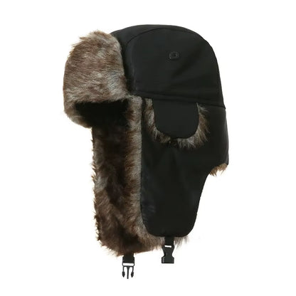 “Dark Fur Ushanka Hat 🖤 Military Pilot Style | Windproof Winter Cap”