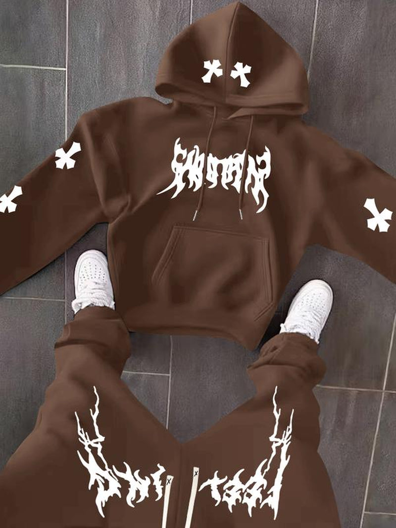 Men’s Black Hoodie & Pants Set – American Streetwear with Lightning Cross Print | Casual 2-Piece Tracksuit