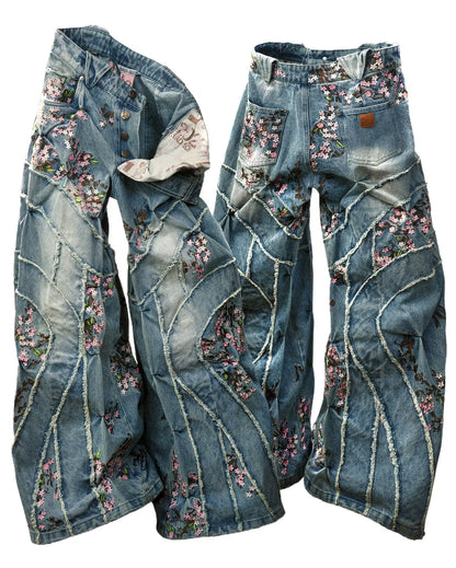 🌸 Harajuku Sakura Embroidered Wide-Leg Denim Pants | Vintage Cherry Blossom Streetwear for Men & Women