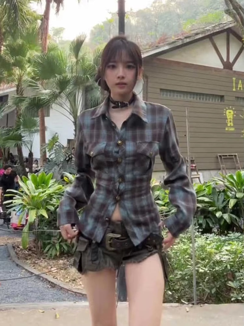 Distressed Plaid Lace-Up Crop Shirt