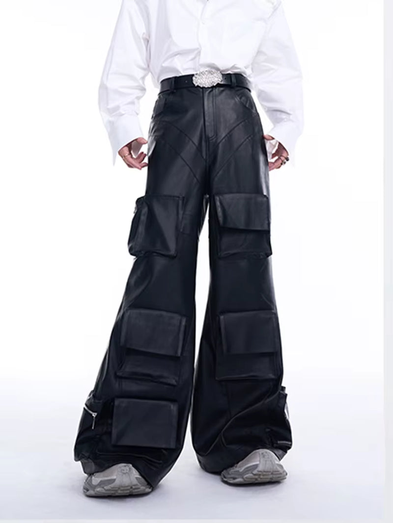 “Dark PU Leather Cargo Pants – Wide-Leg Designer Fit with 3D Pockets | Emo Streetwear Edition”