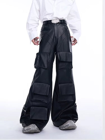 “Dark PU Leather Cargo Pants – Wide-Leg Designer Fit with 3D Pockets | Emo Streetwear Edition”