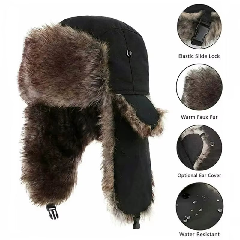 “Dark Fur Ushanka Hat 🖤 Military Pilot Style | Windproof Winter Cap”
