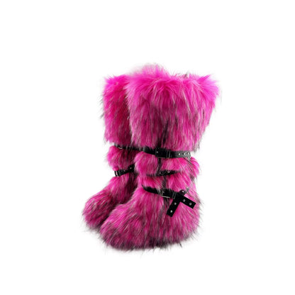 Luxury Faux Fur Knee-High Boots – Belt Buckle, Slip-On Winter Warm Fashion