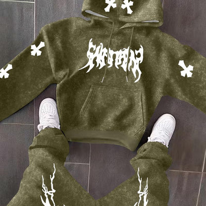 Men’s Black Hoodie & Pants Set – American Streetwear with Lightning Cross Print | Casual 2-Piece Tracksuit