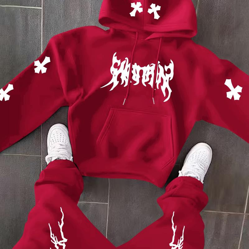 Men’s Black Hoodie & Pants Set – American Streetwear with Lightning Cross Print | Casual 2-Piece Tracksuit