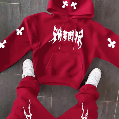 Men’s Black Hoodie & Pants Set – American Streetwear with Lightning Cross Print | Casual 2-Piece Tracksuit