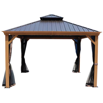 Transform Your Outdoor Space with the Elegant 12-Ft x 16-Ft Brown Hardtop Gazebo – Complete with Screen for Ultimate Comfort