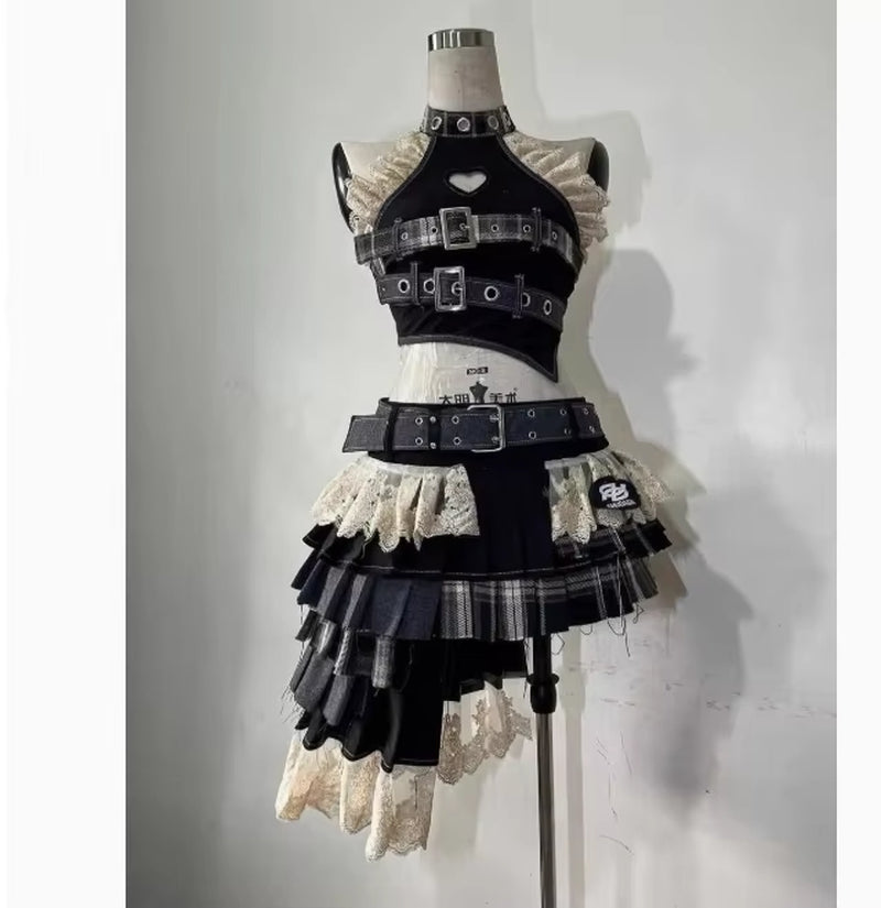 💙 Y2K Denim Dream Mini Skirt Set — Sweet, Cool & Punk Vibes 🖤