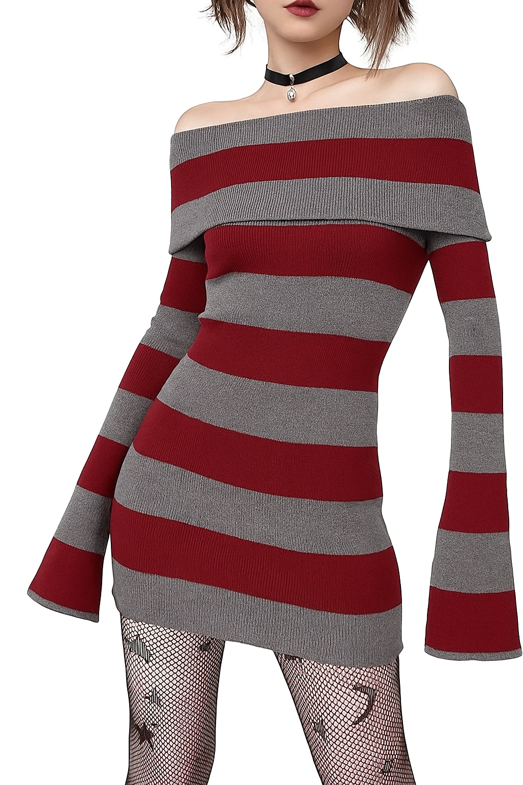 🖤 Y2K Striped Off-Shoulder Sweater Dress — Grunge & Emo Vibes 🔥