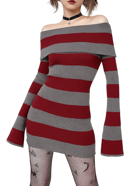 🖤 Y2K Striped Off-Shoulder Sweater Dress — Grunge & Emo Vibes 🔥
