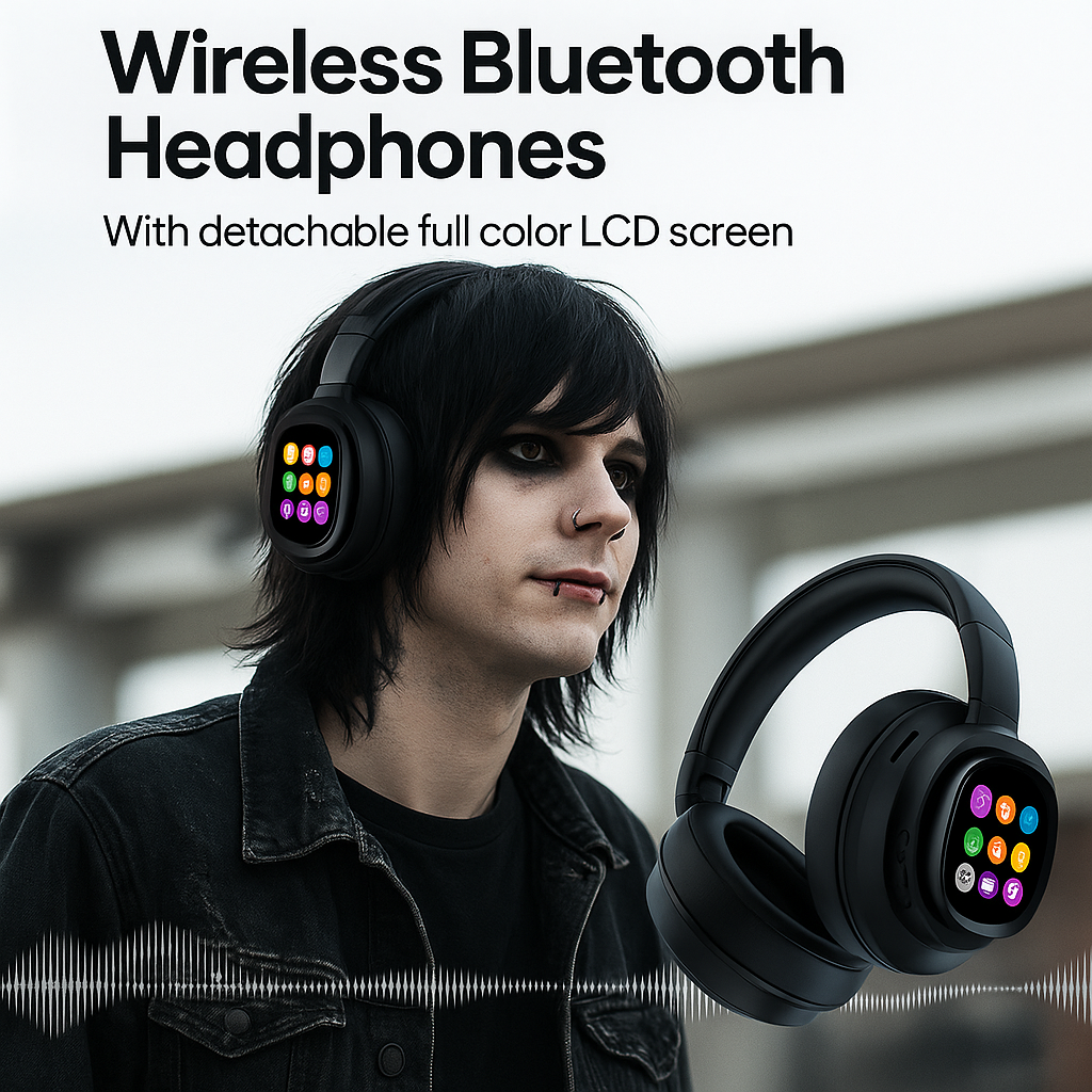 🖤 Emo X1 Pro – Dark Wireless LCD Headphones | Future Sound Reborn**