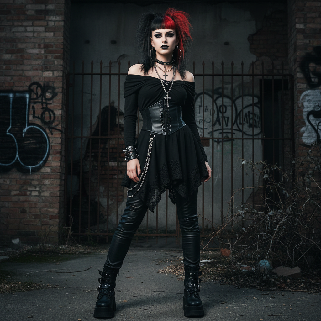 🖤 Dark Elegance Off-Shoulder Corset Top — Gothic Lace & Belted Style ✨