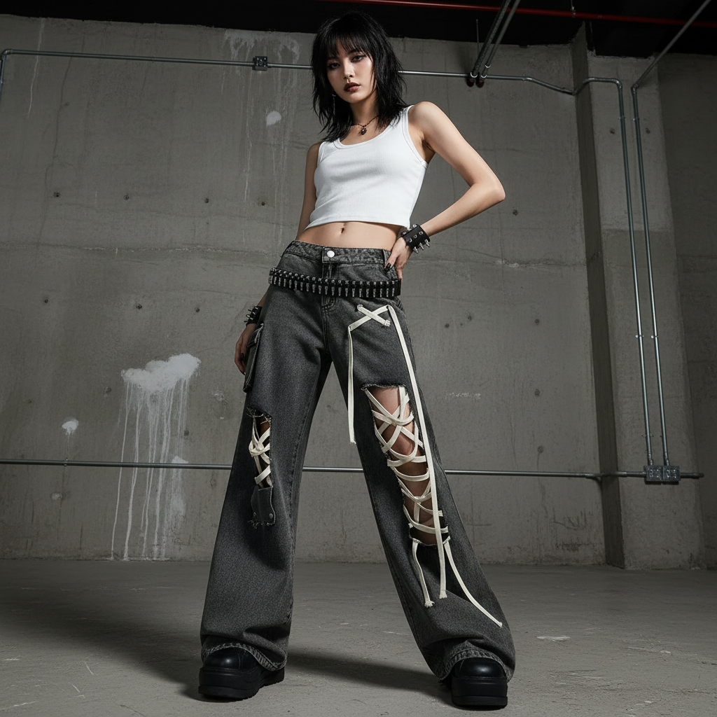 Women’s Lace-Up Ripped Denim Pants – Punk Retro Style