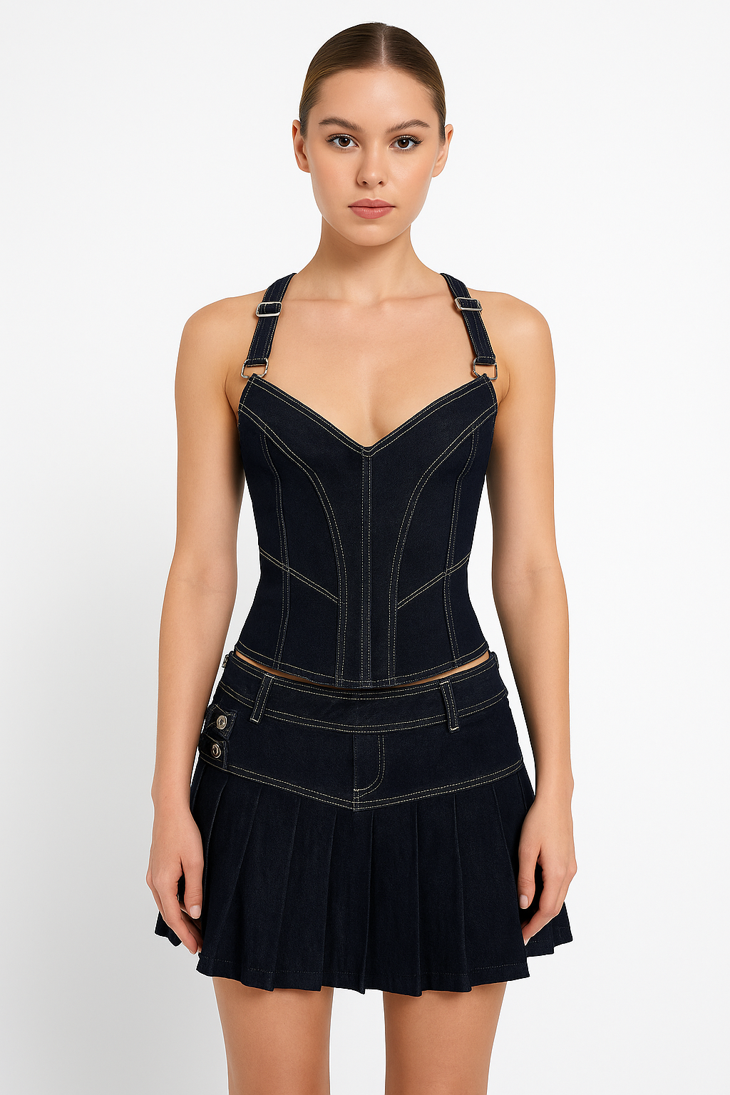 🖤 Y2K Denim Corset & Pleated Skirt Set — Dark Streetwear Elegance ✨