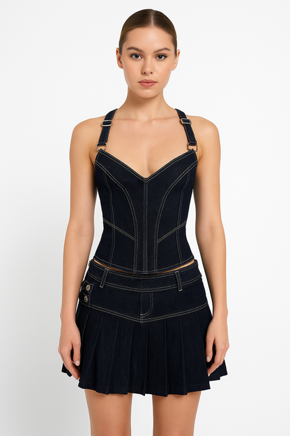 🖤 Y2K Denim Corset & Pleated Skirt Set — Dark Streetwear Elegance ✨