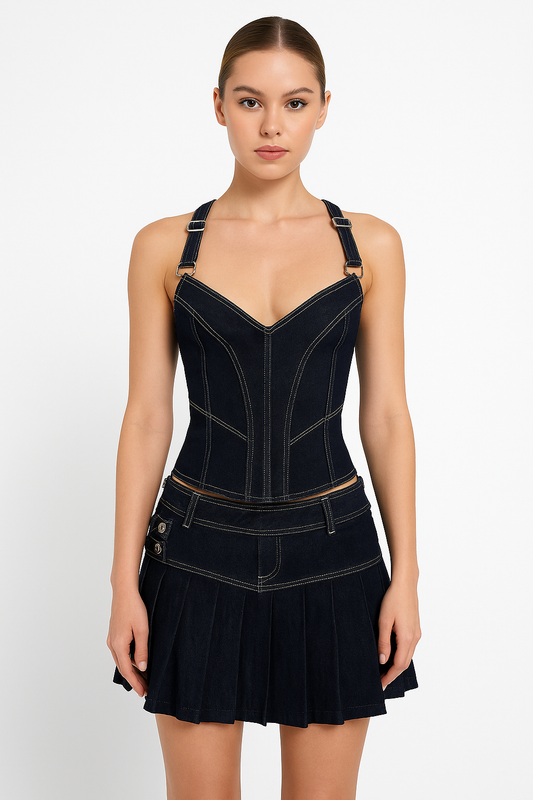 🖤 Y2K Denim Corset & Pleated Skirt Set — Dark Streetwear Elegance ✨
