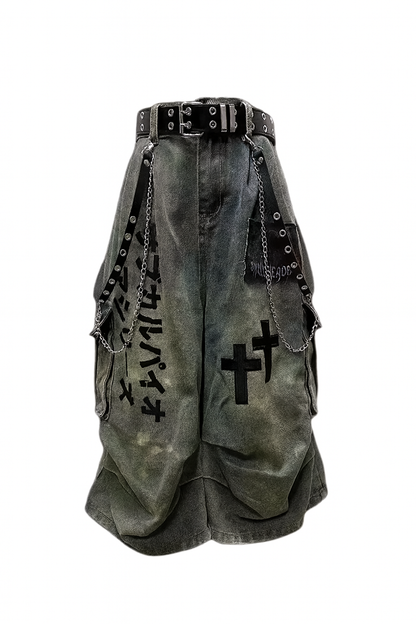 Y2K Distressed Cargo Jeans – Gothic Chain Shorts Unisex